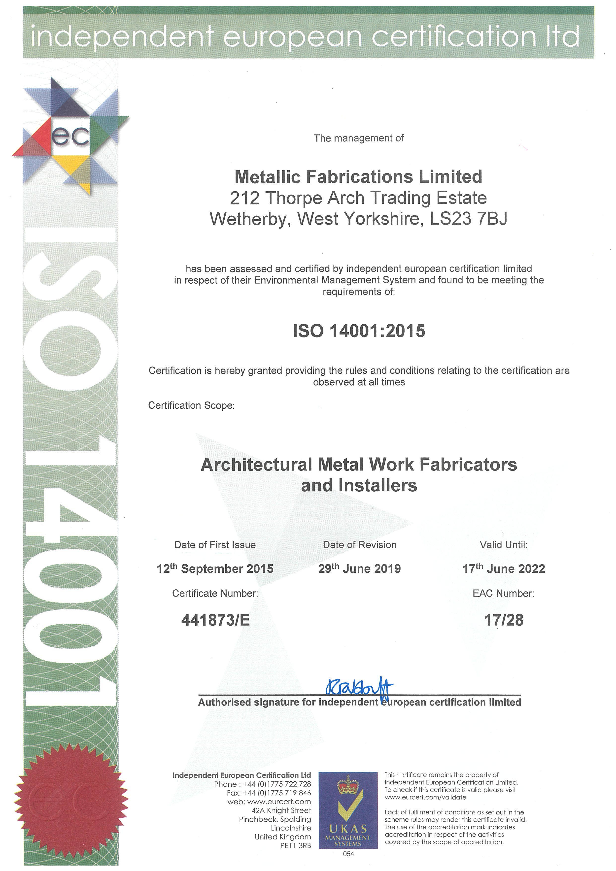 ISO 14001 Certificate 2019-2022