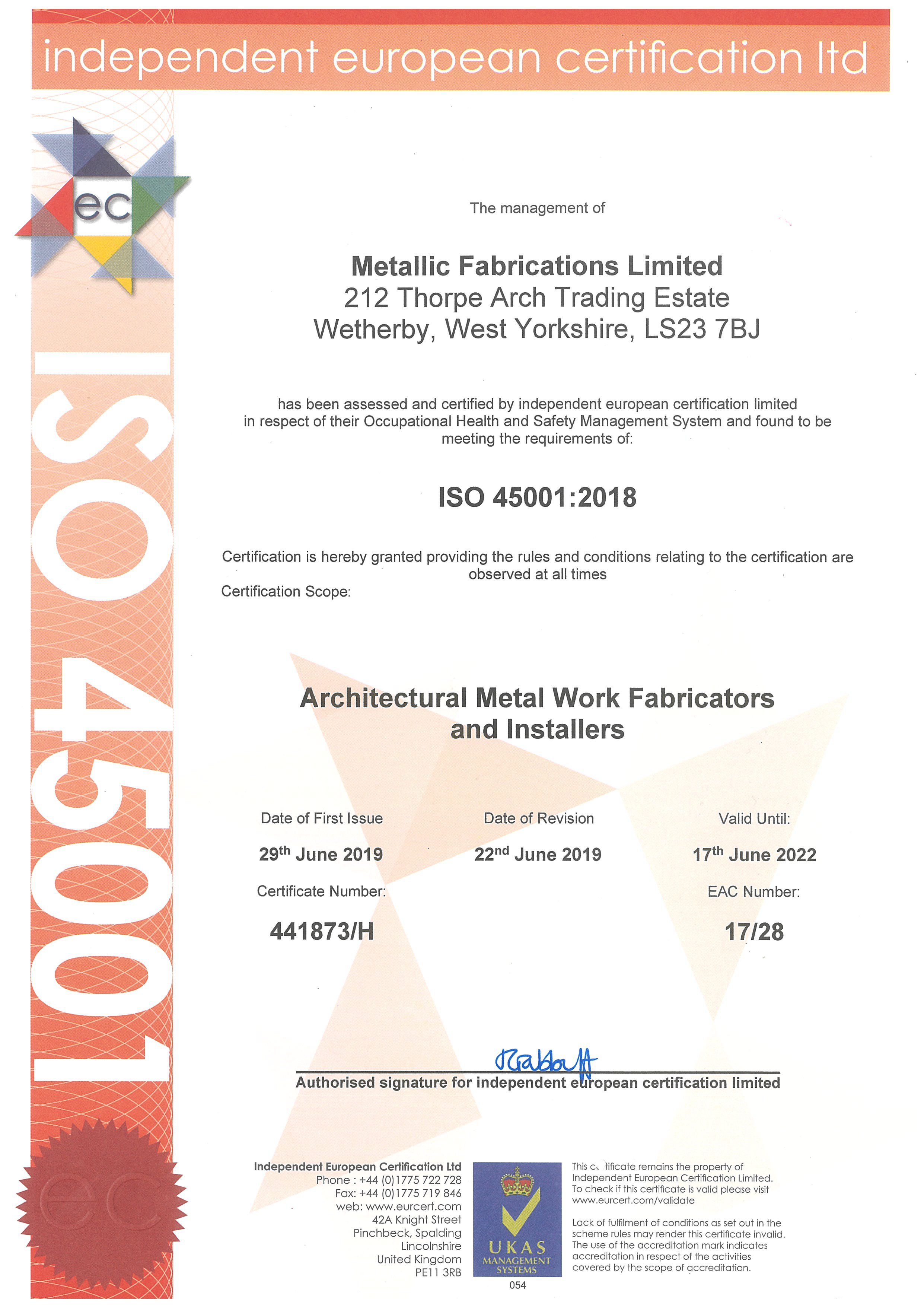 ISO 45001 Certificate 2019-2022